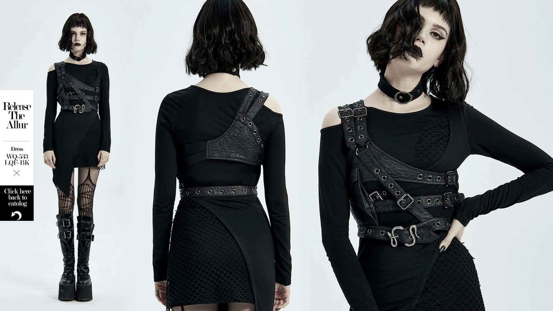 Gothic asymmetrical leather shoulder body harness with metal accents worn over a black dress, featuring a decorative front pocket.