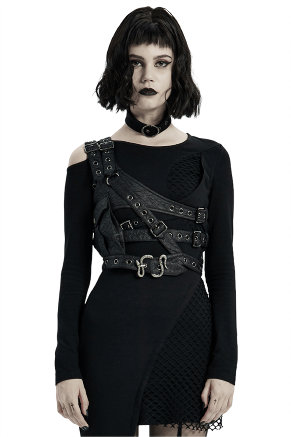 Gothic woman in punk leather shoulder body harness with metal accents and asymmetrical design.