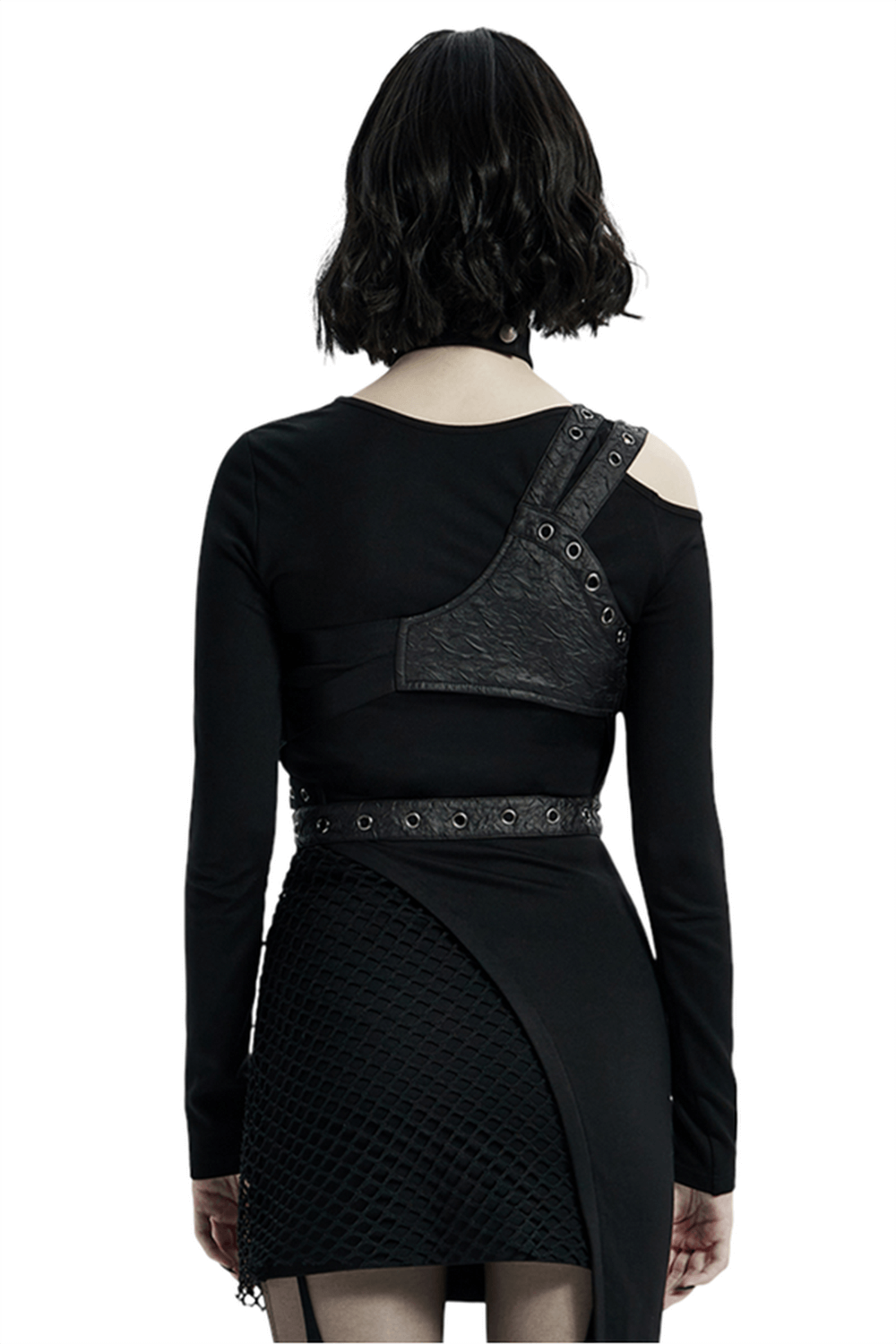 Gothic leather shoulder body harness with metal accents and python buckle on black outfit, featuring decorative front pocket and asymmetrical straps.