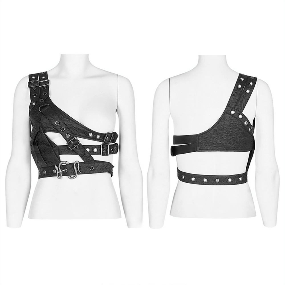 Punk Leather Shoulder Body Harness with Metal Accents and Python Buckle on Mannequin, Gothic Asymmetrical Strap Design