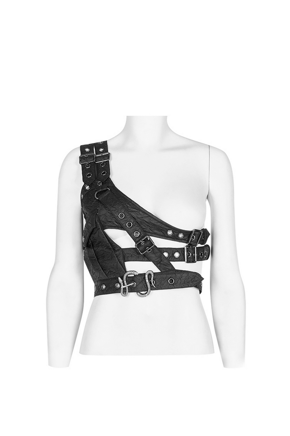 Gothic leather shoulder body harness with metal accents and python buckle, featuring decorative front pocket and asymmetrical straps.