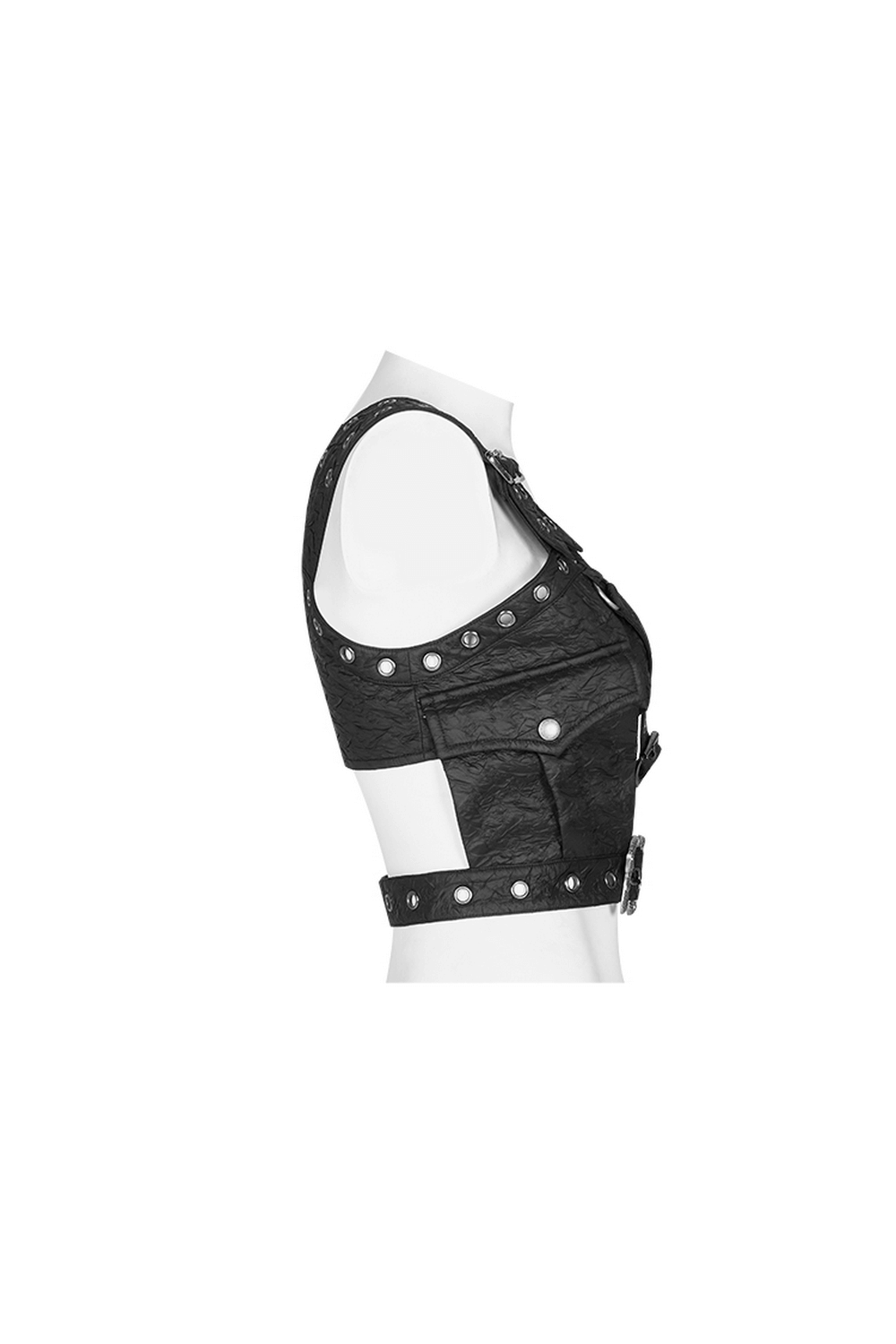 Gothic leather shoulder body harness with metal accents and python buckle, featuring decorative front pocket and adjustable straps.