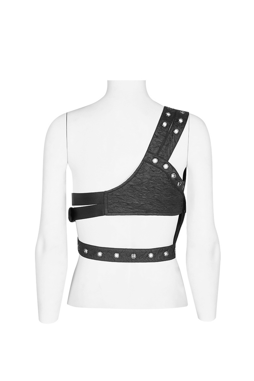 Gothic punk leather shoulder body harness with metal accents, featuring an asymmetrical strap and decorative front pocket.