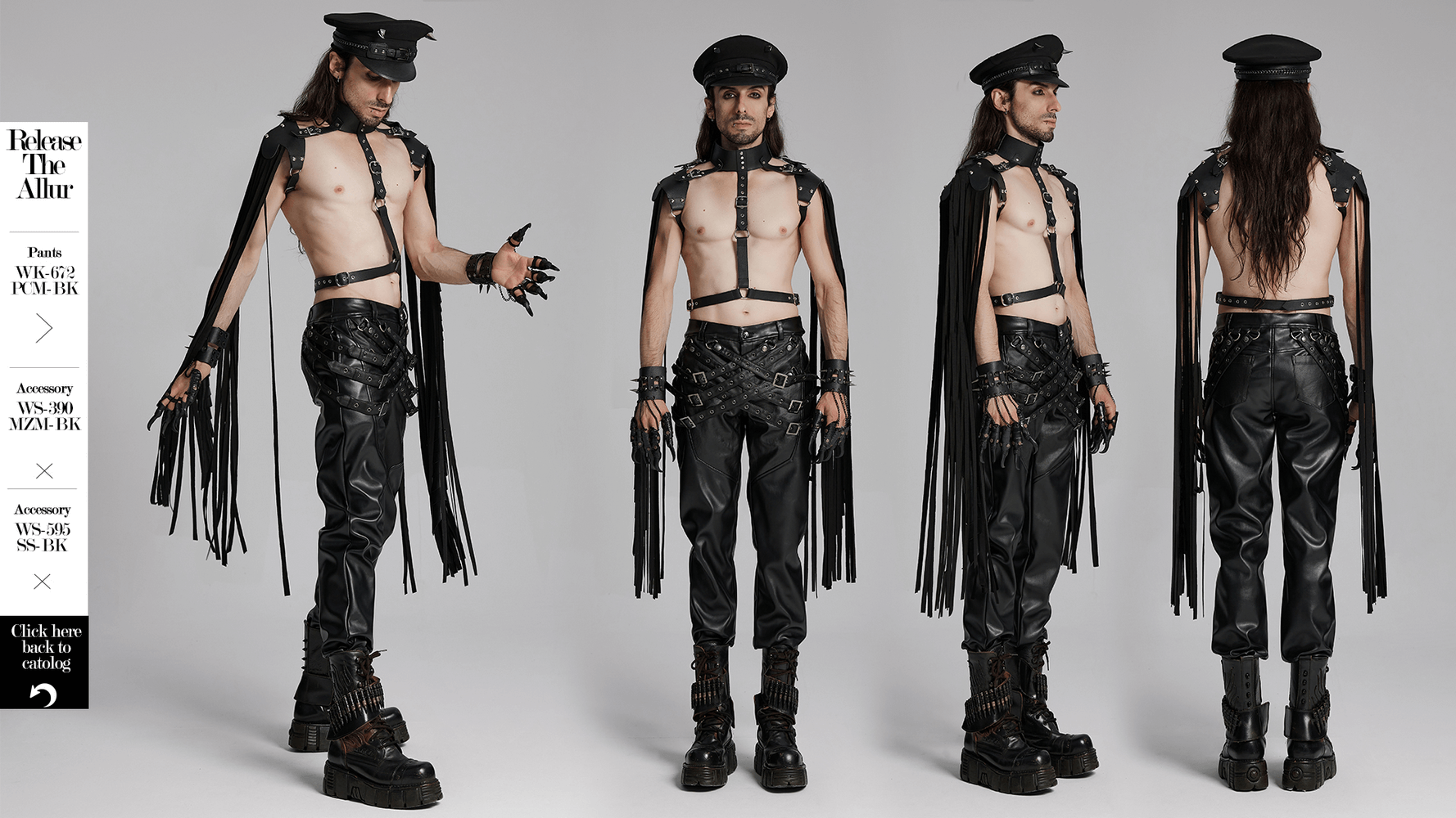 Edgy model showcasing punk leather tassel shoulder armor with halter neck design and bold accessories in a studio setting.