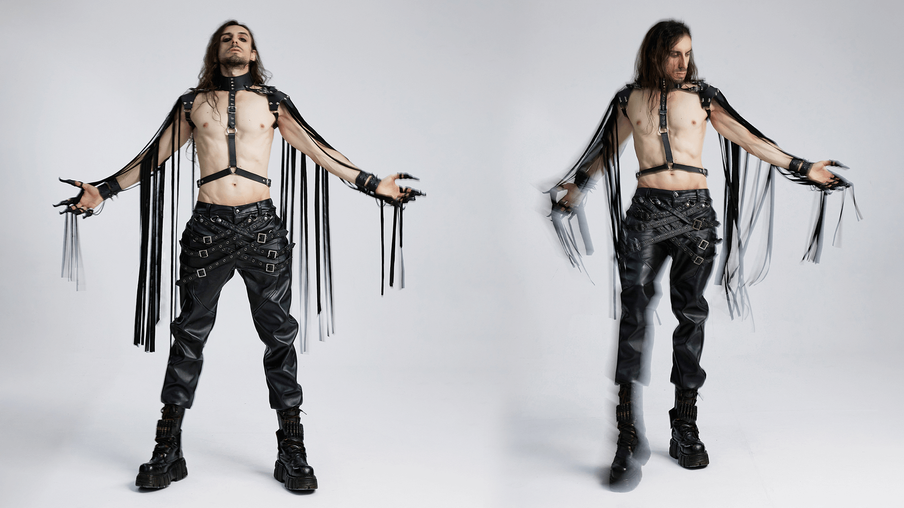 Edgy model showcasing punk leather tassel shoulder armor with halter neck design, perfect for bold streetwear looks.