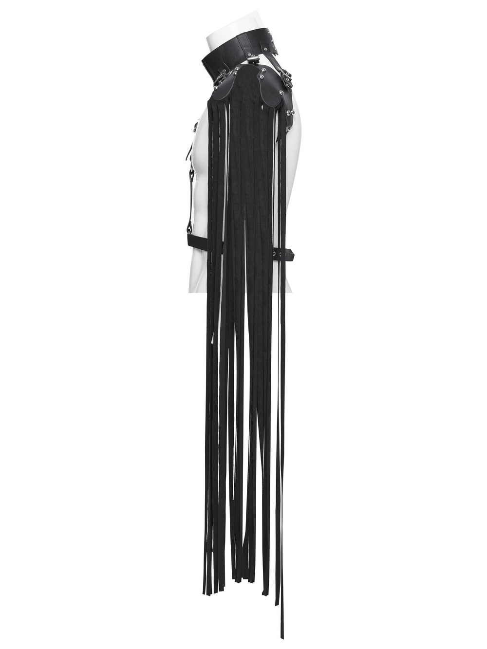 Edgy punk leather shoulder armor with long tassels, showcasing a bold halter neck design for rebellious streetwear looks.