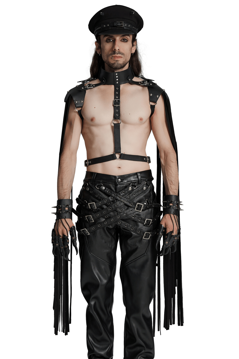 Edgy male model showcasing punk leather tassel shoulder armor and stylish leather pants for bold streetwear looks.