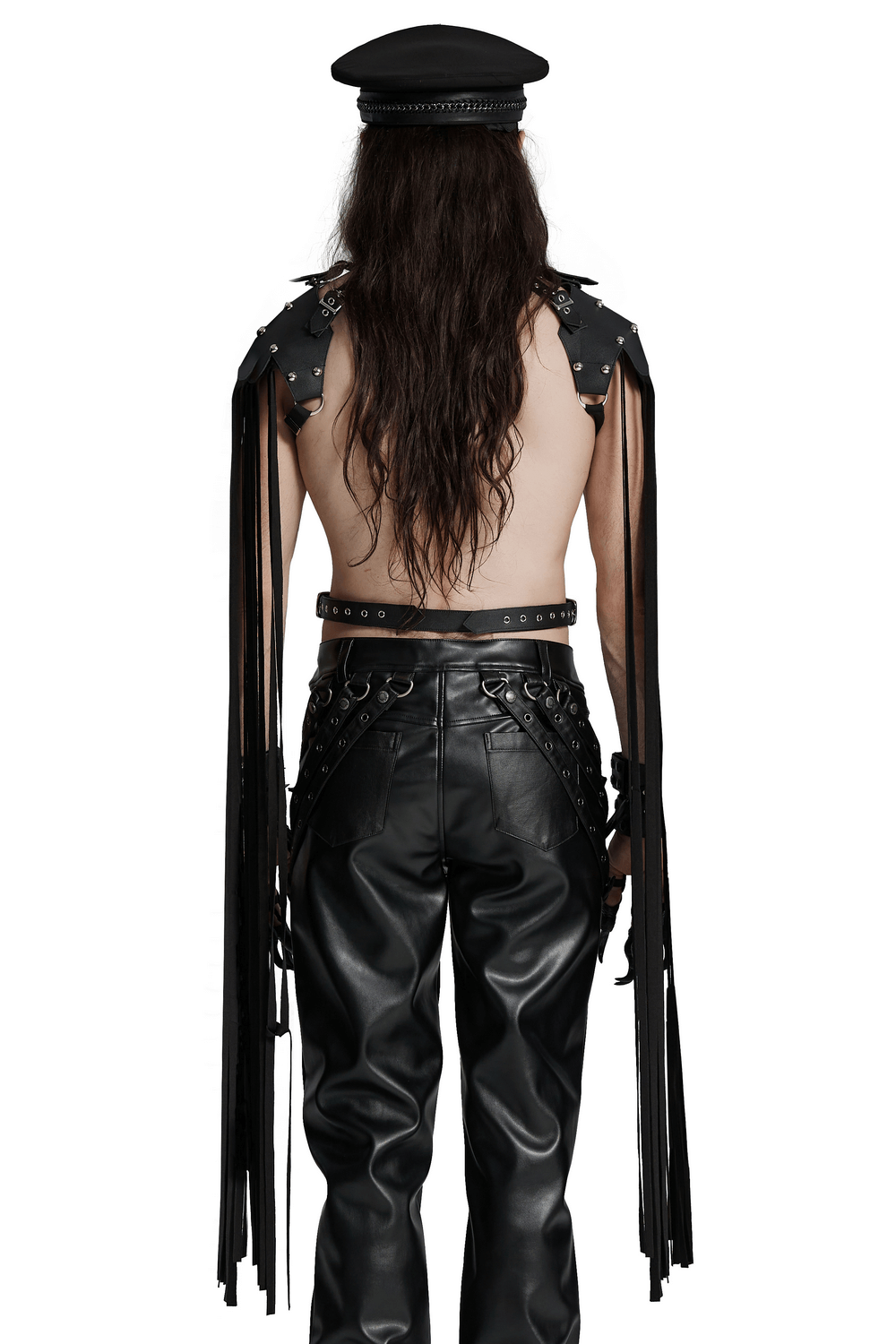 Back view of a model wearing punk leather tassel shoulder armor and black leather pants, exuding edgy style.