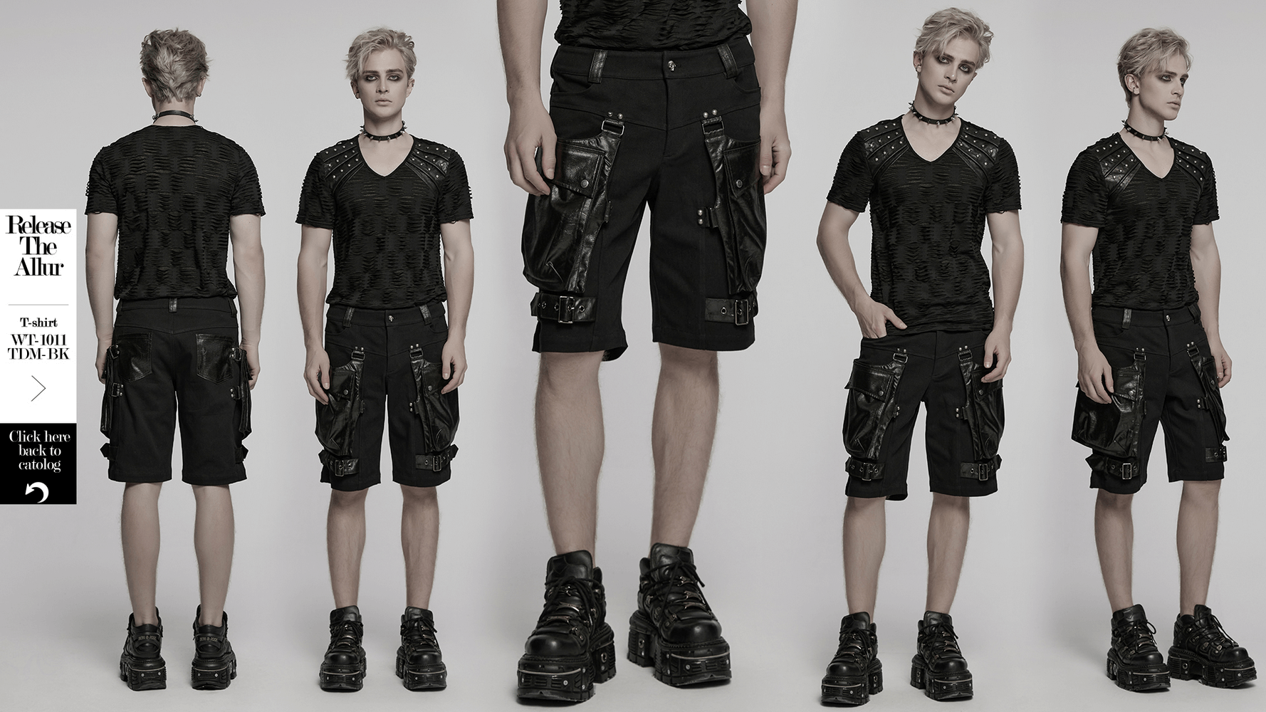 Punk leather trimmed black shorts with oversized pockets, styled with a matching V-neck t-shirt and chunky boots.