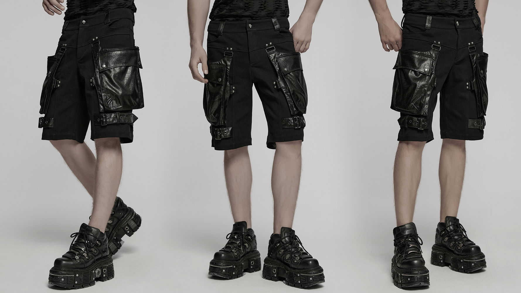 Punk leather-trimmed black shorts featuring oversized pockets, perfect for edgy streetwear style.