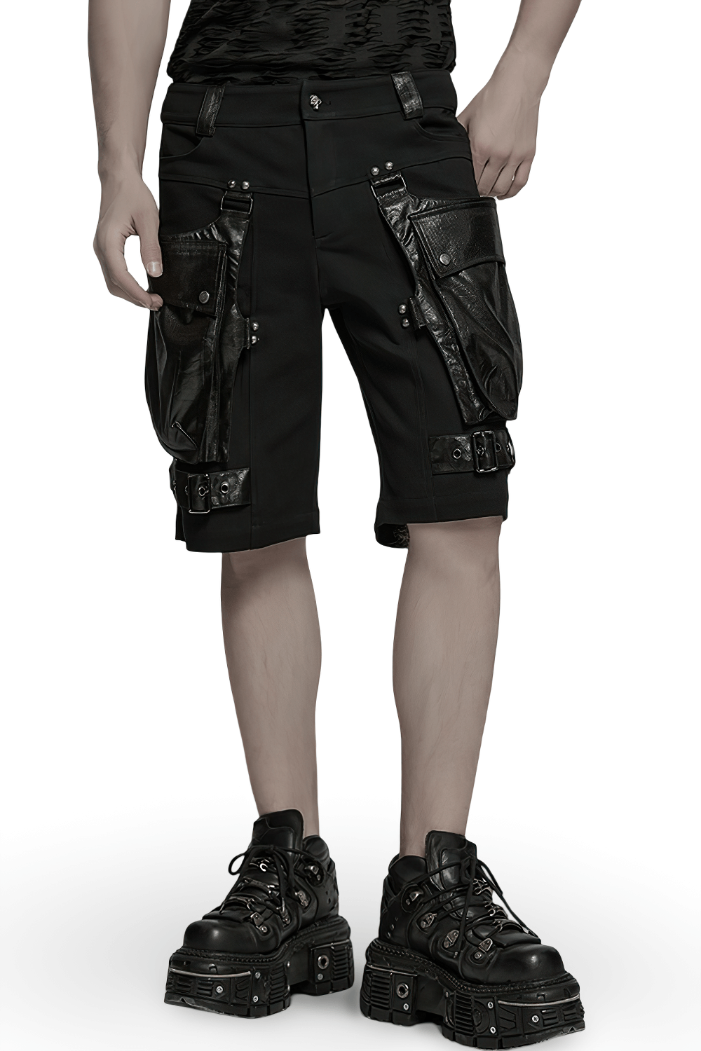 Punk leather trimmed black shorts with oversized pockets, perfect for a bold street style look.