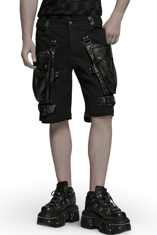 Pantalones cortos negros de cuero punk con bolsillos grandes