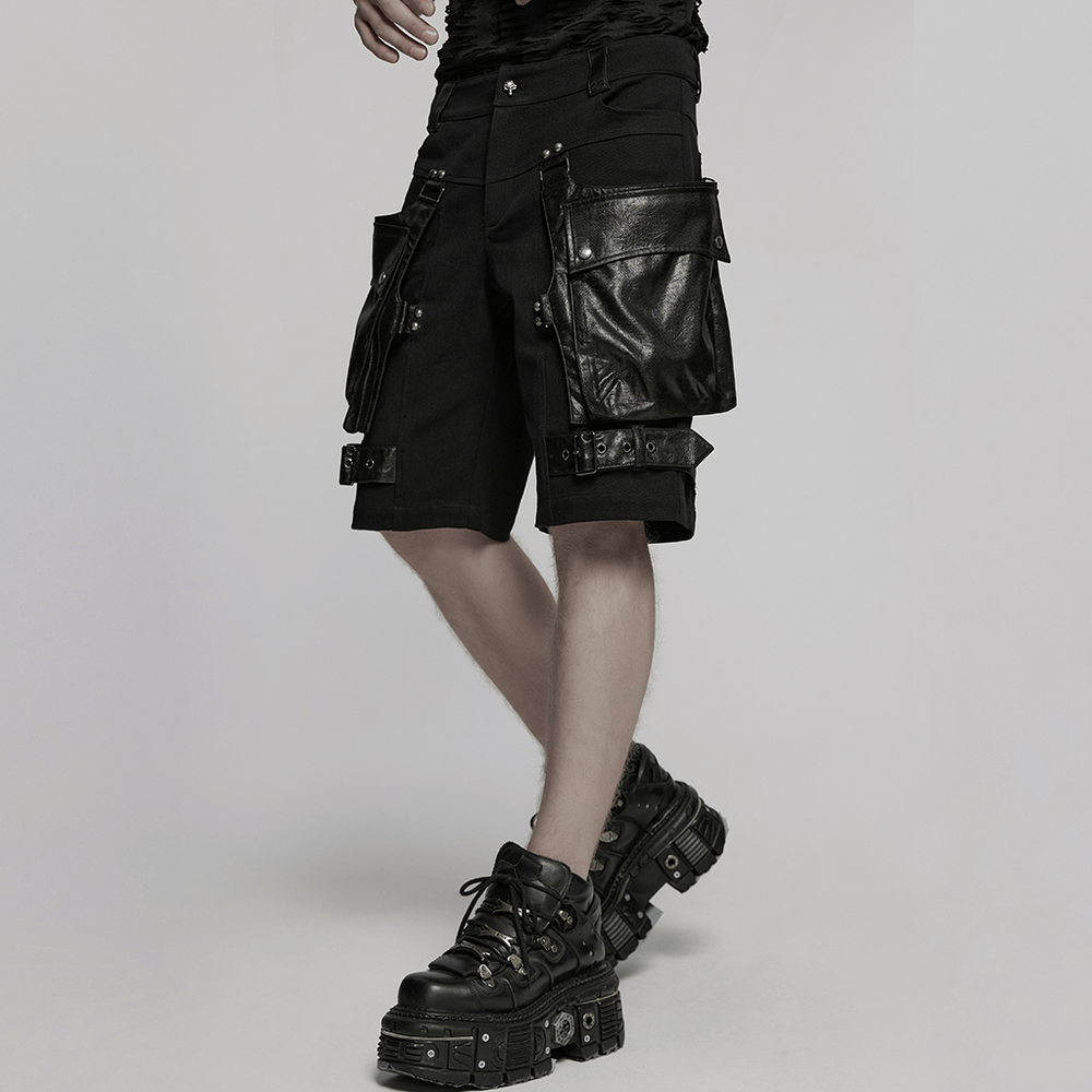 Punk leather trimmed black shorts featuring oversized pockets and unique style, perfect for edgy fashion lovers.