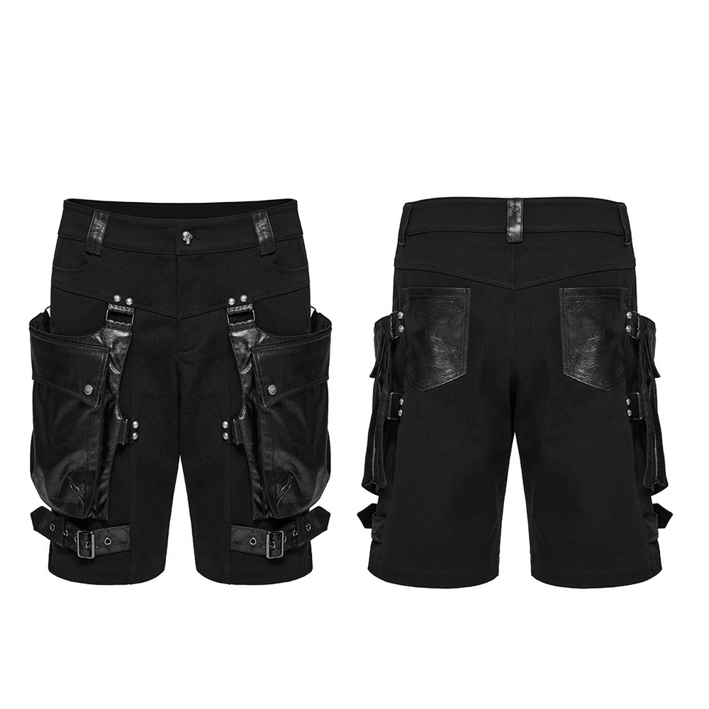 Punk black shorts with leather trim and oversized pockets for a stylish, edgy look.