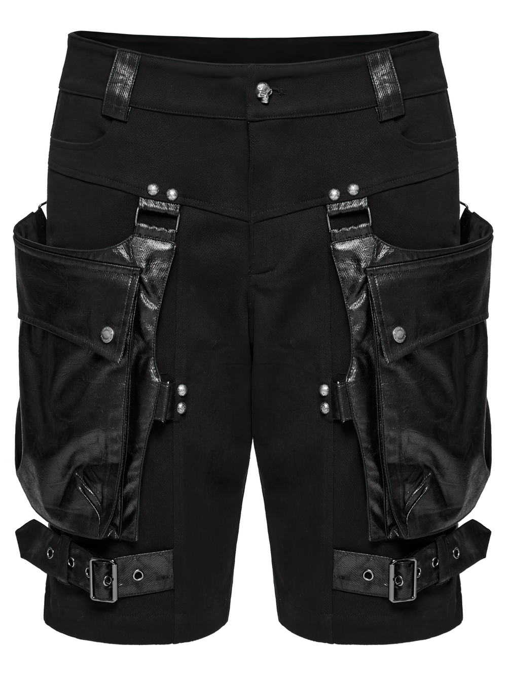 Punk leather trimmed black shorts with oversized pockets, perfect for edgy fashion lovers!