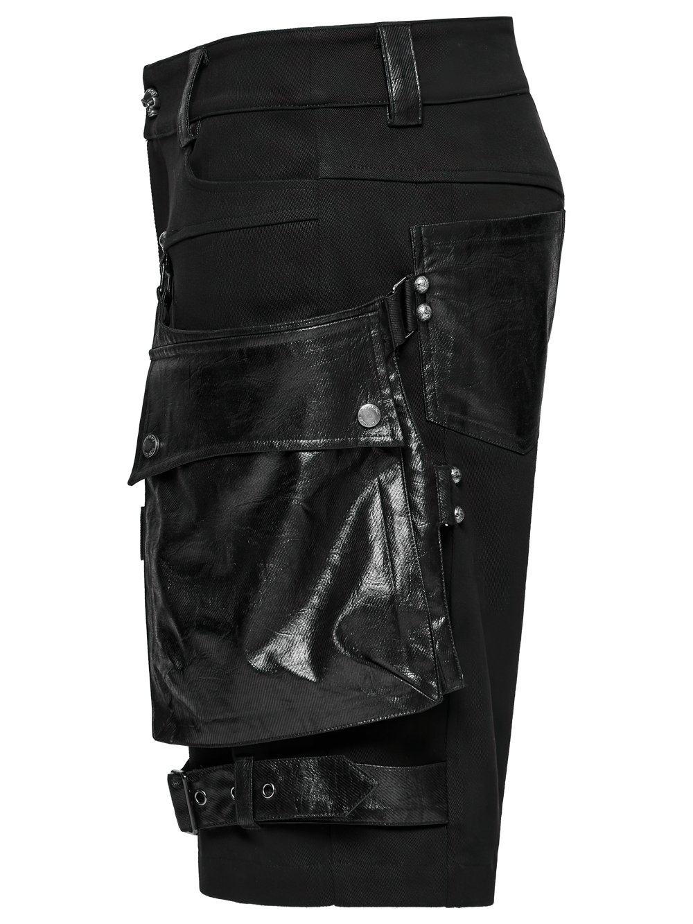 Punk style black shorts featuring leather trim and oversized pockets for a bold, edgy look.