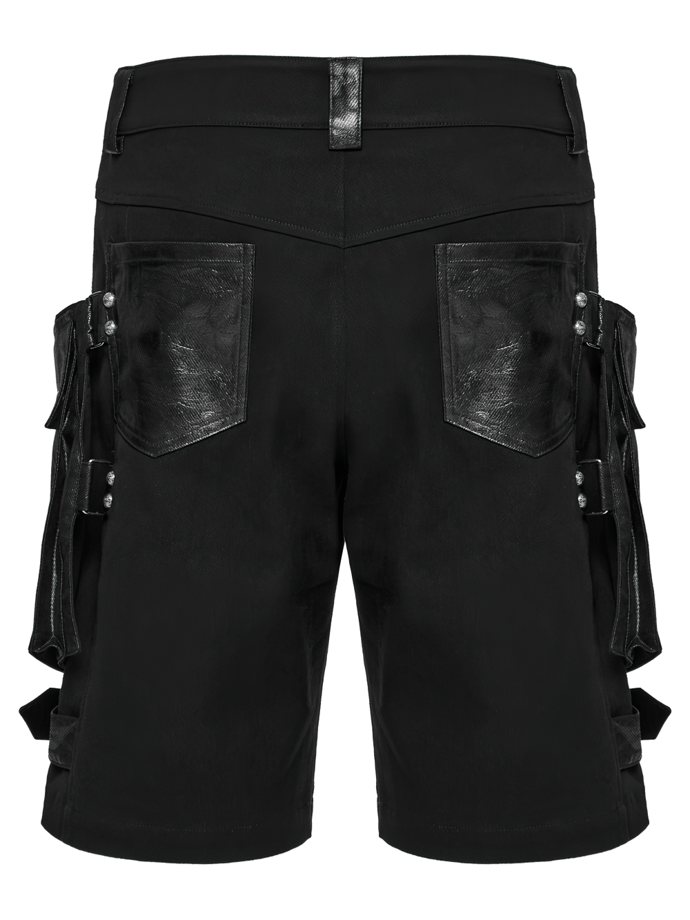 Back view of punk leather trimmed black shorts featuring oversized pockets and stylish detailing.