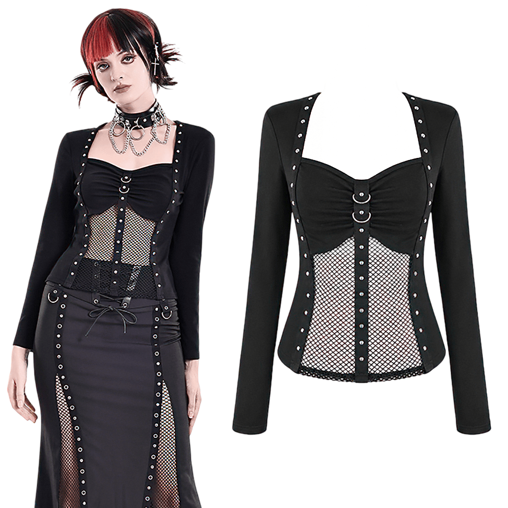 Punk Long Sleeve Top with Fishnet and Ring Accents featuring a sheer fishnet midsection and studded harness trim.