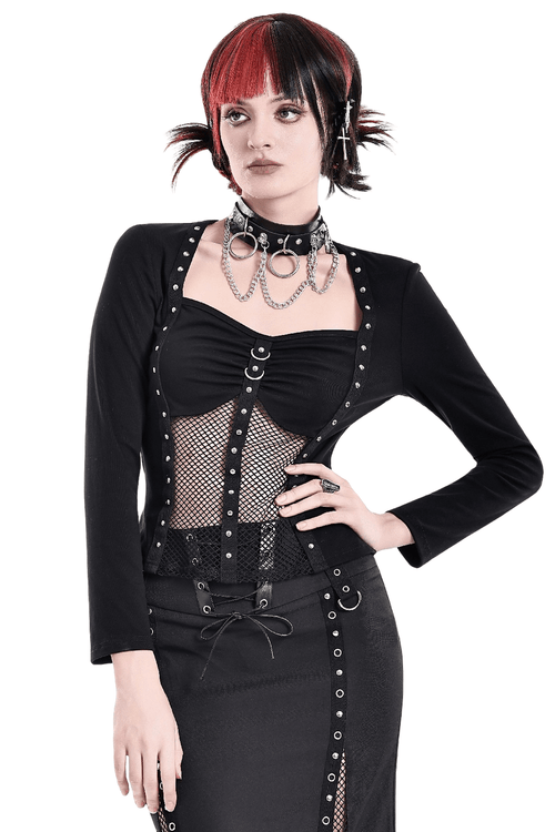 Top punk de manga larga con detalles de rejilla y anillas