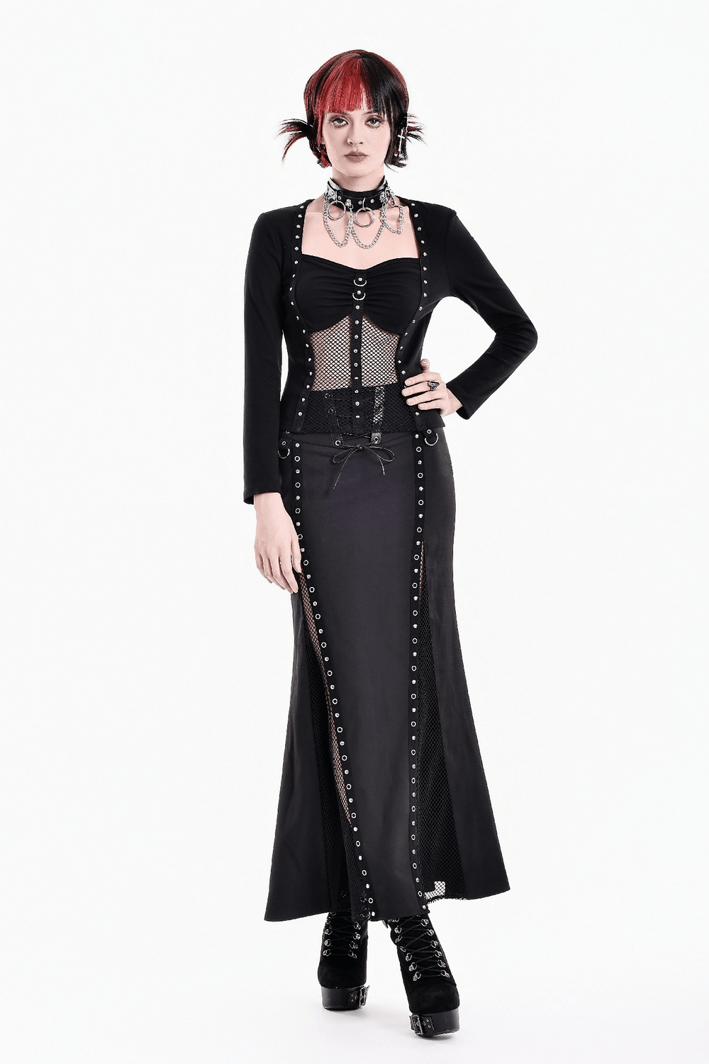 Punk Long Sleeve Top with Fishnet and Ring Accents worn by model showcasing gothic style with studded details.