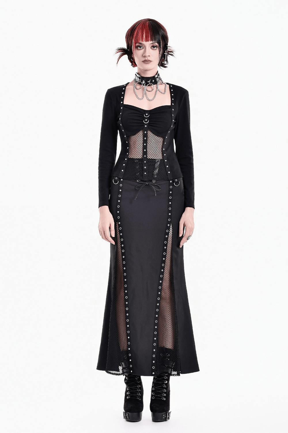 Punk Long Sleeve Top with Fishnet and Ring Accents worn with a stylish long skirt and platform boots, showcasing a bold gothic look.
