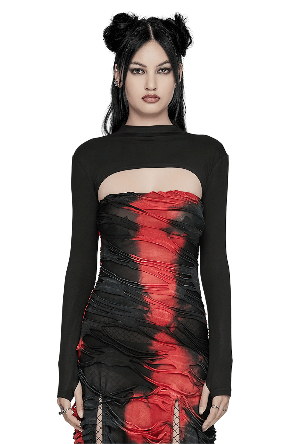 Edgy minimalist punk long sleeve ultra-cropped top with finger holes and sleek black and red design.