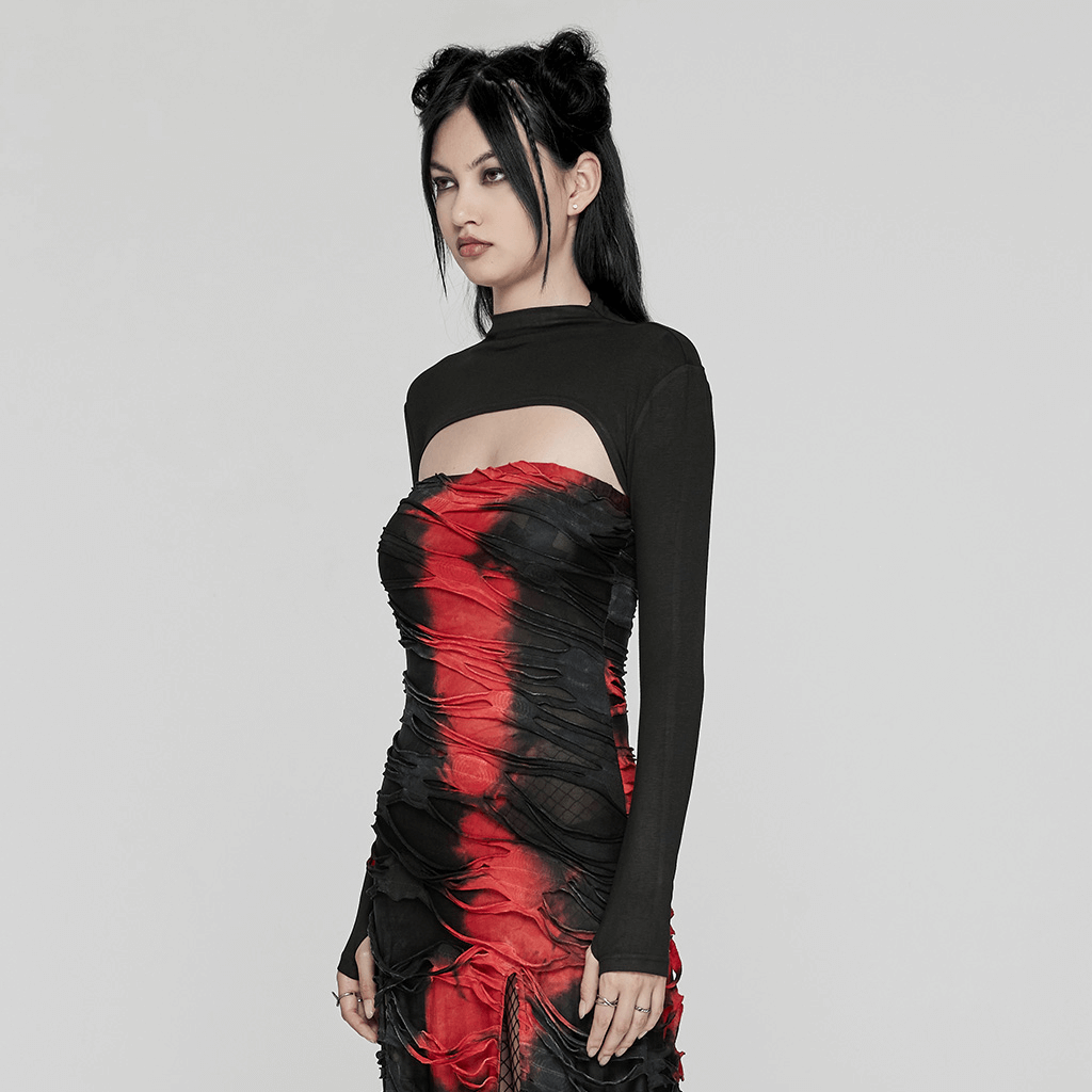 Punk long sleeve ultra-cropped top with finger holes, showcasing a minimalist edgy style and vivid red-black design.