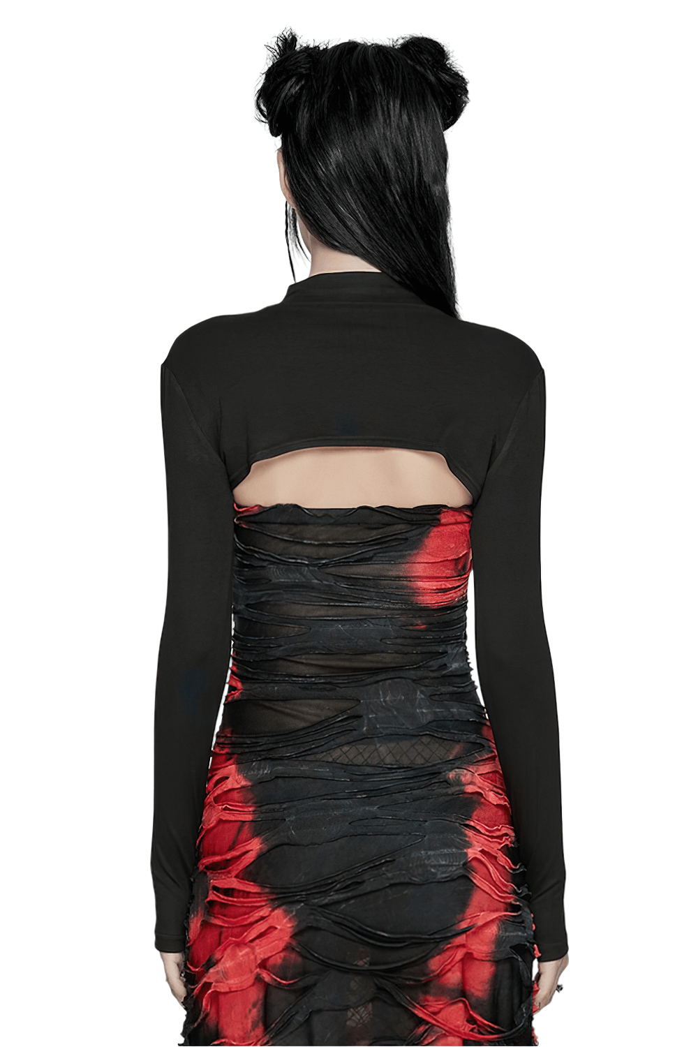 Back view of a minimalist punk ultra-cropped top with long sleeves and finger holes, styled with a red and black dress.