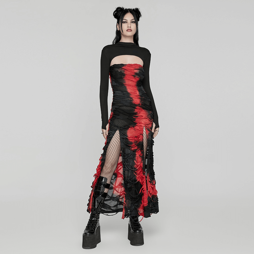 Punk long sleeve ultra-cropped top with finger holes, black and red design, edgy fashion statement.