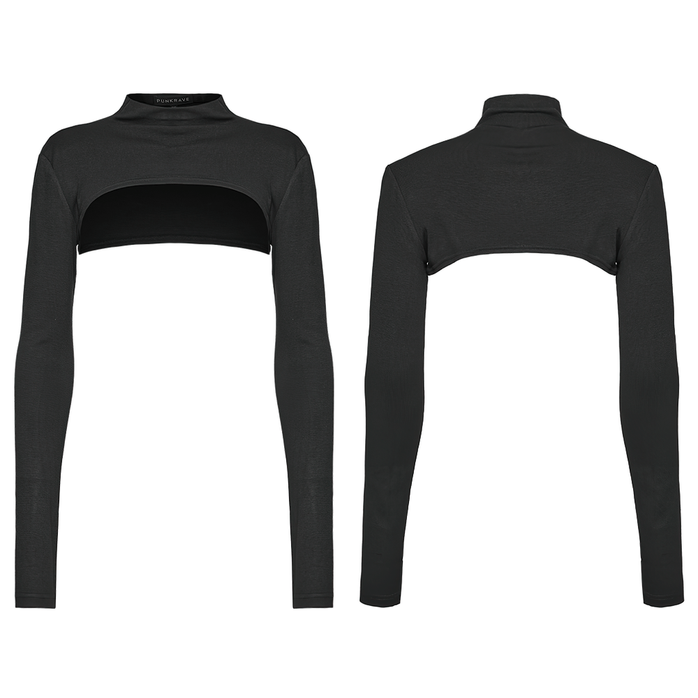 Punk long sleeve ultra-cropped top with finger holes in black, showcasing minimalist style and edgy design.