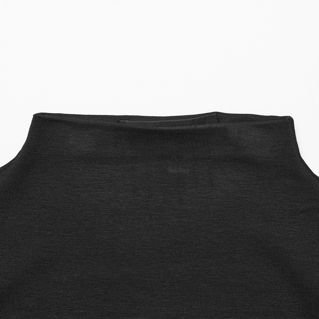 Close-up of the high neckline of a black punk long sleeve ultra-cropped top with a minimalist design.