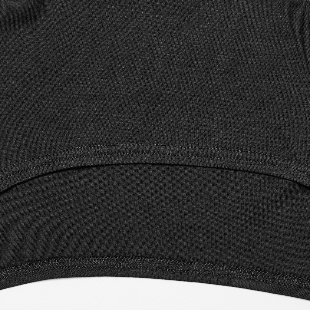 Close-up of black minimalist punk long sleeve ultra-cropped top highlighting soft fabric and edge stitching.