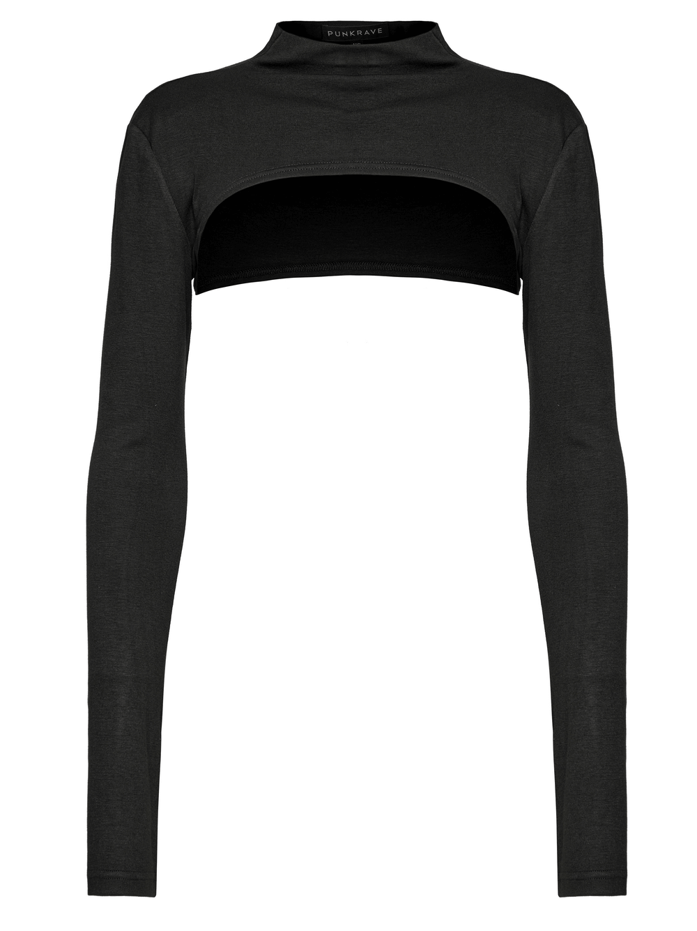 Punk long sleeve ultra-cropped top with finger holes in black, featuring a high neckline and minimalist design.