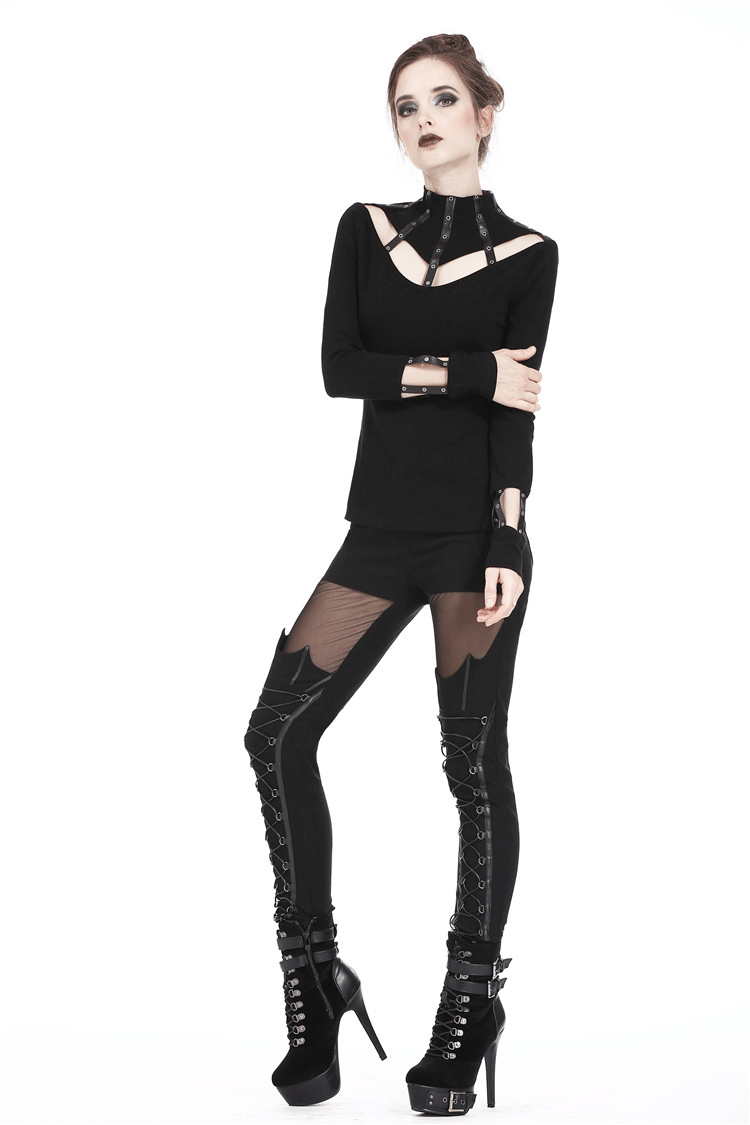 Punk Long Sleeves Top with Hollow-Out Collar Design