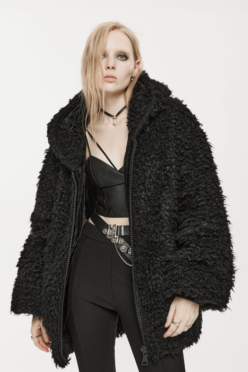 Punk loose mid-length hooded jacket with faux fur texture worn by a model, showcasing an edgy fashion style.