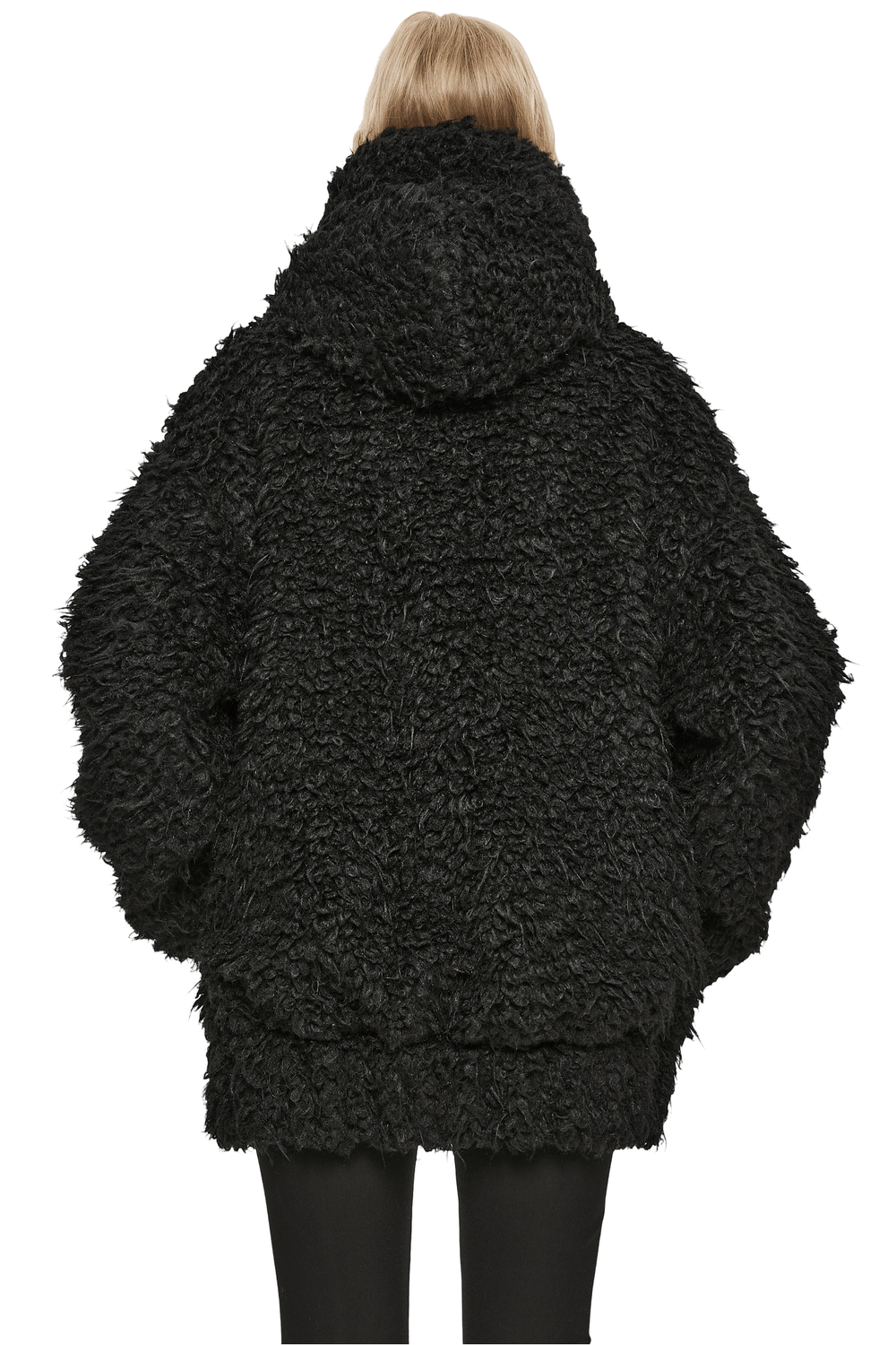 Back view of a black faux fur hoodie jacket, showcasing its fluffy texture and cozy design.