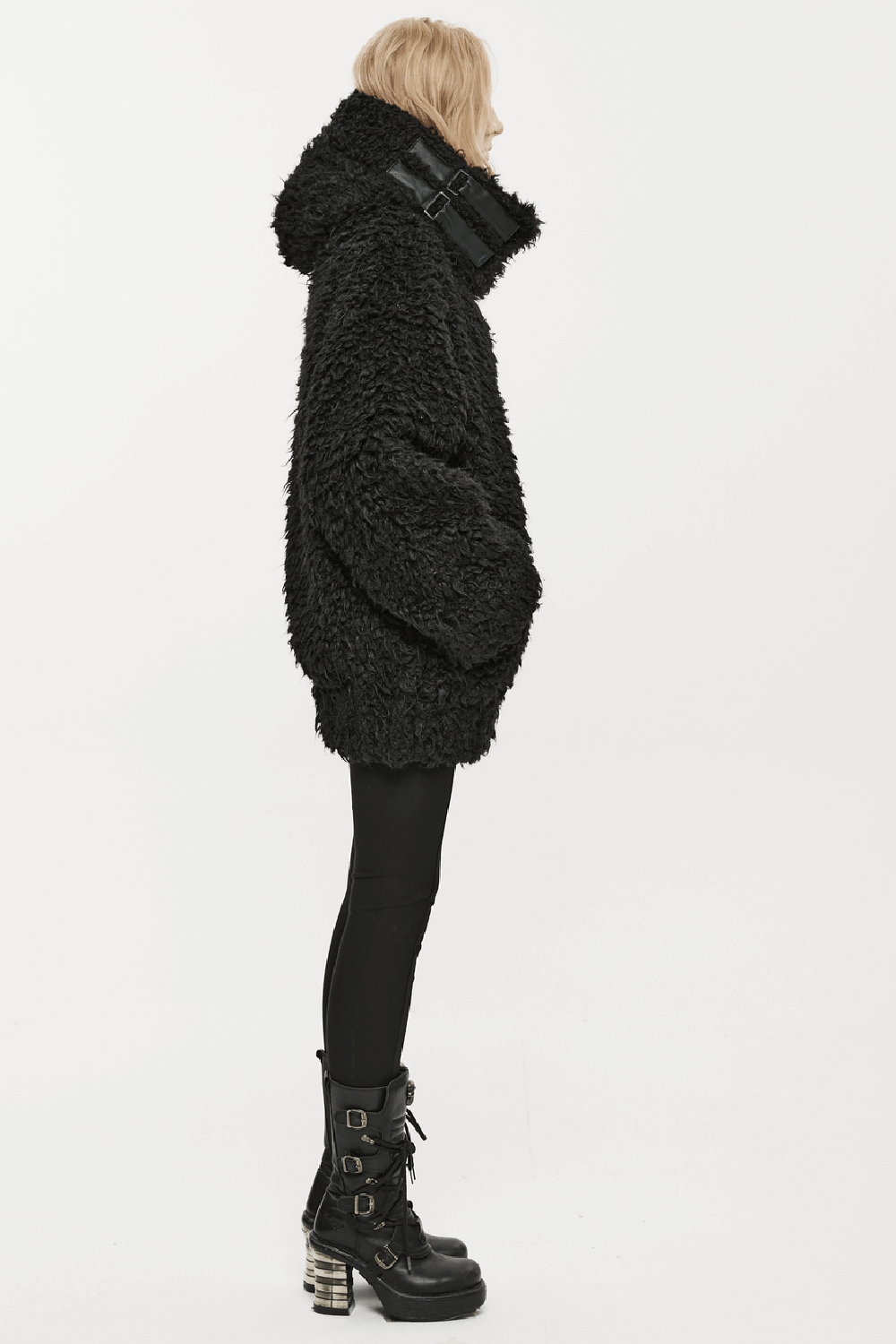 Punk loose mid-length jacket with a hood and pockets, featuring faux fur texture and detachable scarf.