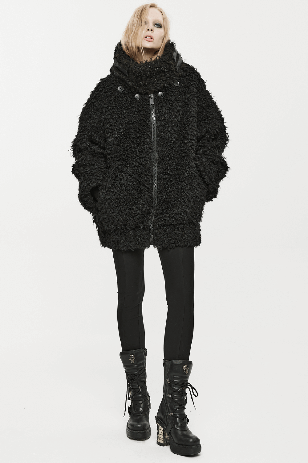Punk loose mid-length hooded jacket in faux fur with big buttons, perfect for edgy layering and winter styling.