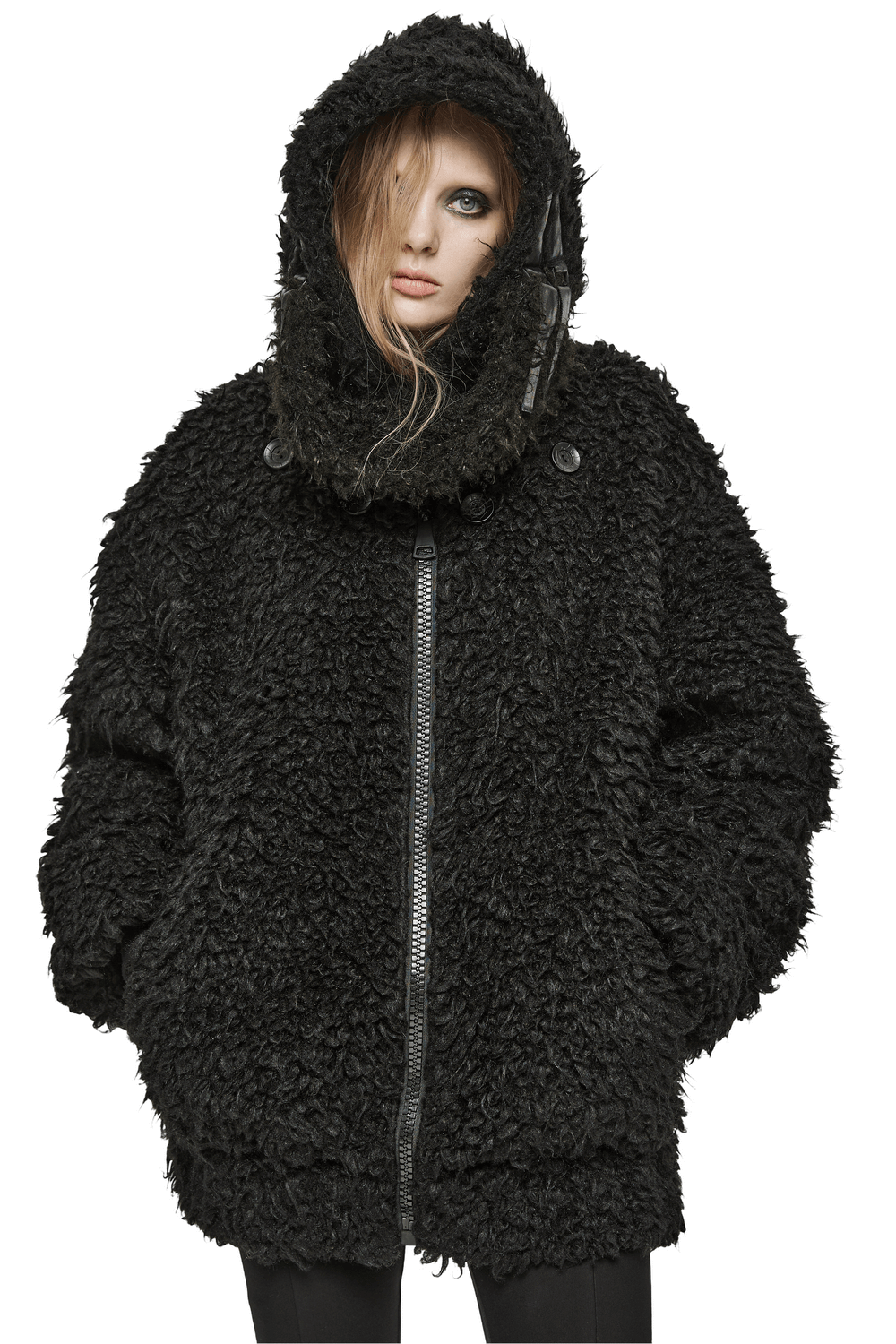 Punk Loose Mid-Length Hooded Faux Fur Jacket with Detachable Scarf and Pockets for edgy style.