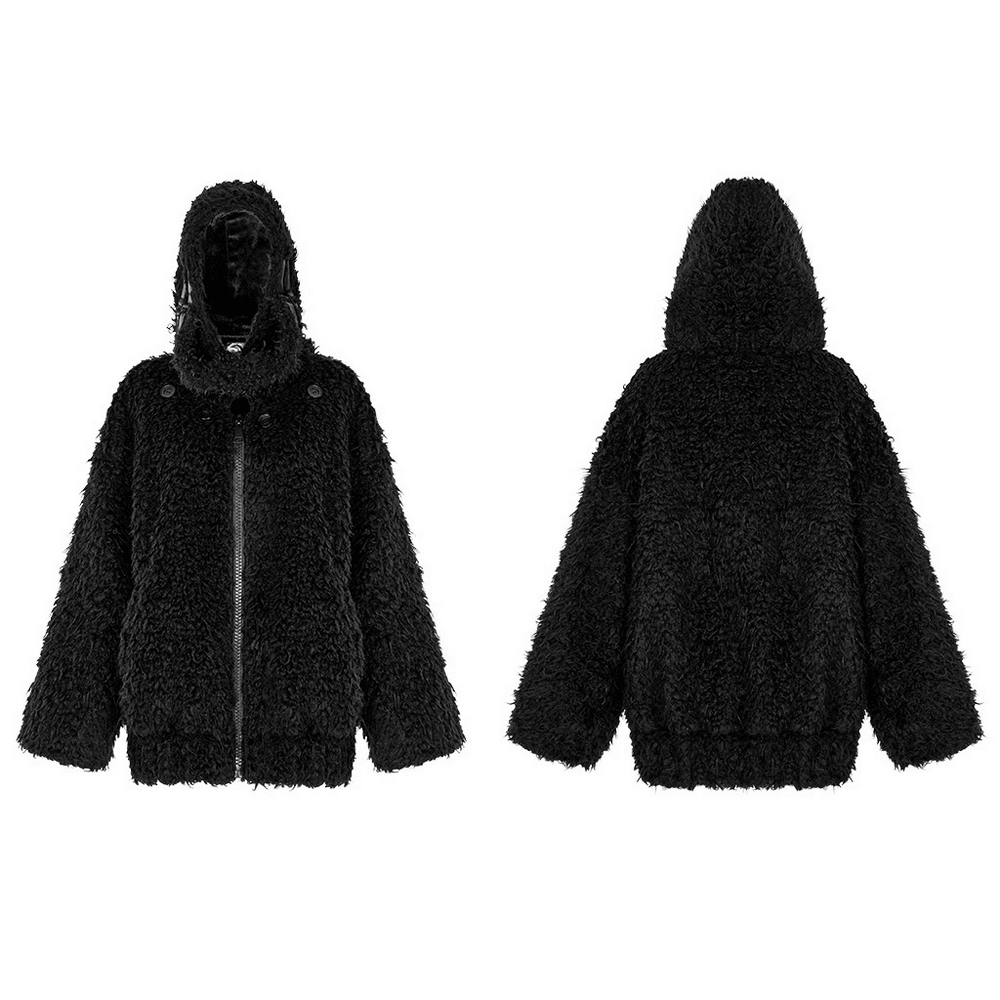 Punk loose mid-length hooded jacket with pockets and faux fur texture, featuring unique button detail.