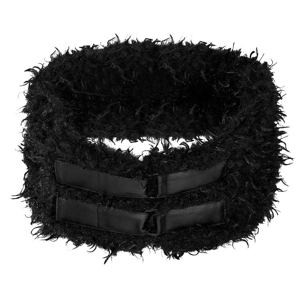 Detachable black faux fur scarf with ribbon fasteners, perfect for adding warmth and style to any outfit.