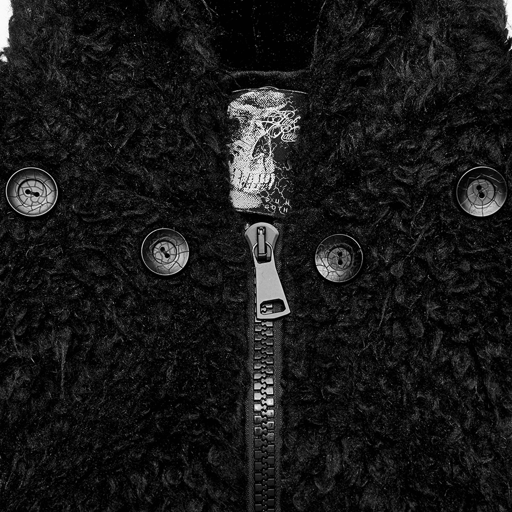 Close-up of punk loose mid-length hooded jacket featuring faux fur texture and cracked button details.