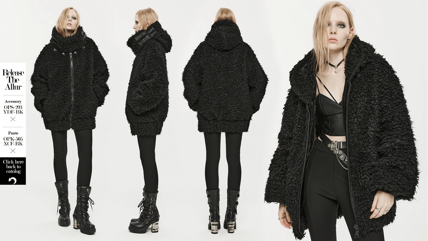 Punk loose mid-length hooded faux fur jacket with pockets, showcasing edgy style and unique design details.