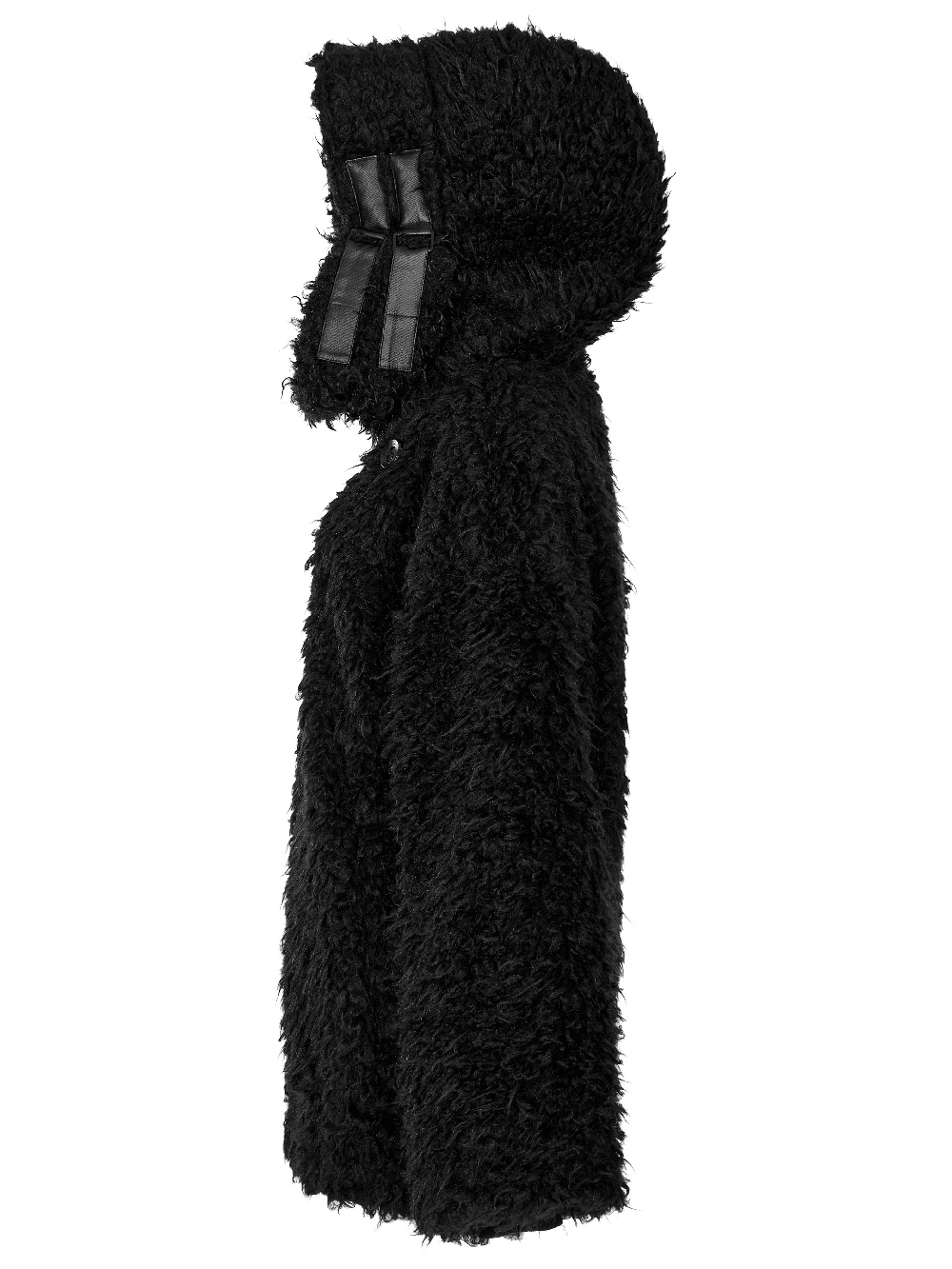 Punk loose mid-length hooded faux fur jacket with distinctive split design and detachable scarf.
