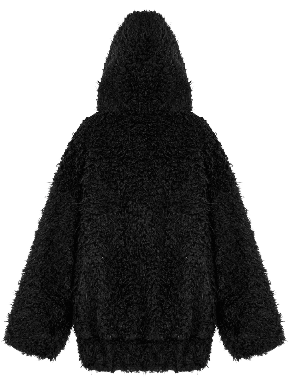 Back view of a black faux fur hooded jacket, showcasing its fluffy texture and cozy design.