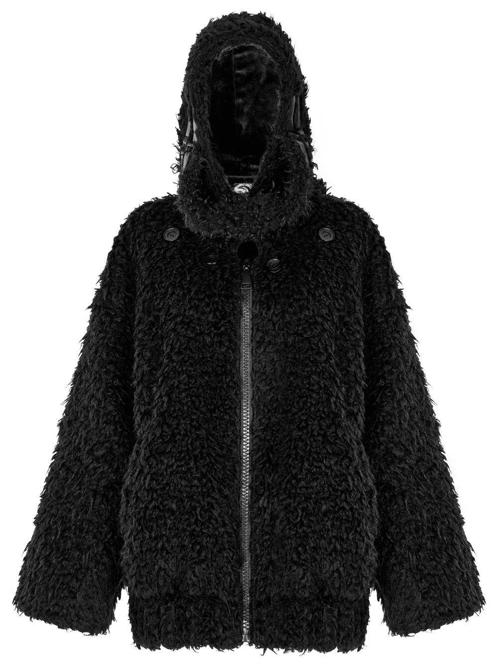 Punk loose mid-length hooded faux fur jacket with pockets and big button details, edgy fashion statement.