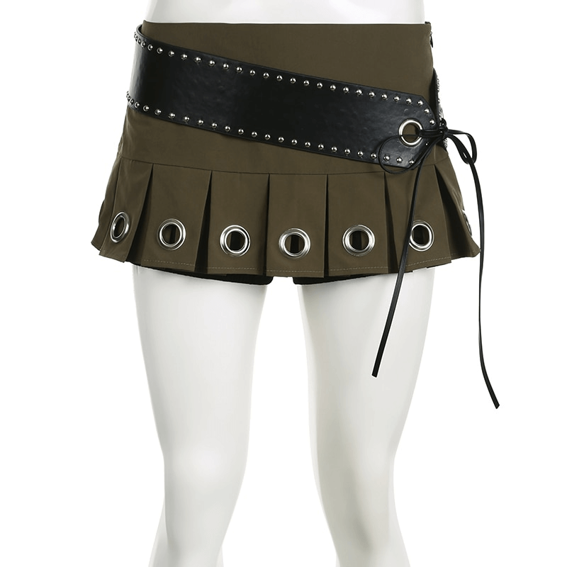 Punk Low Rise Pleated Shorts-Skirts With PU Belt / Vintage Grunge Women's Outfits - HARD'N'HEAVY