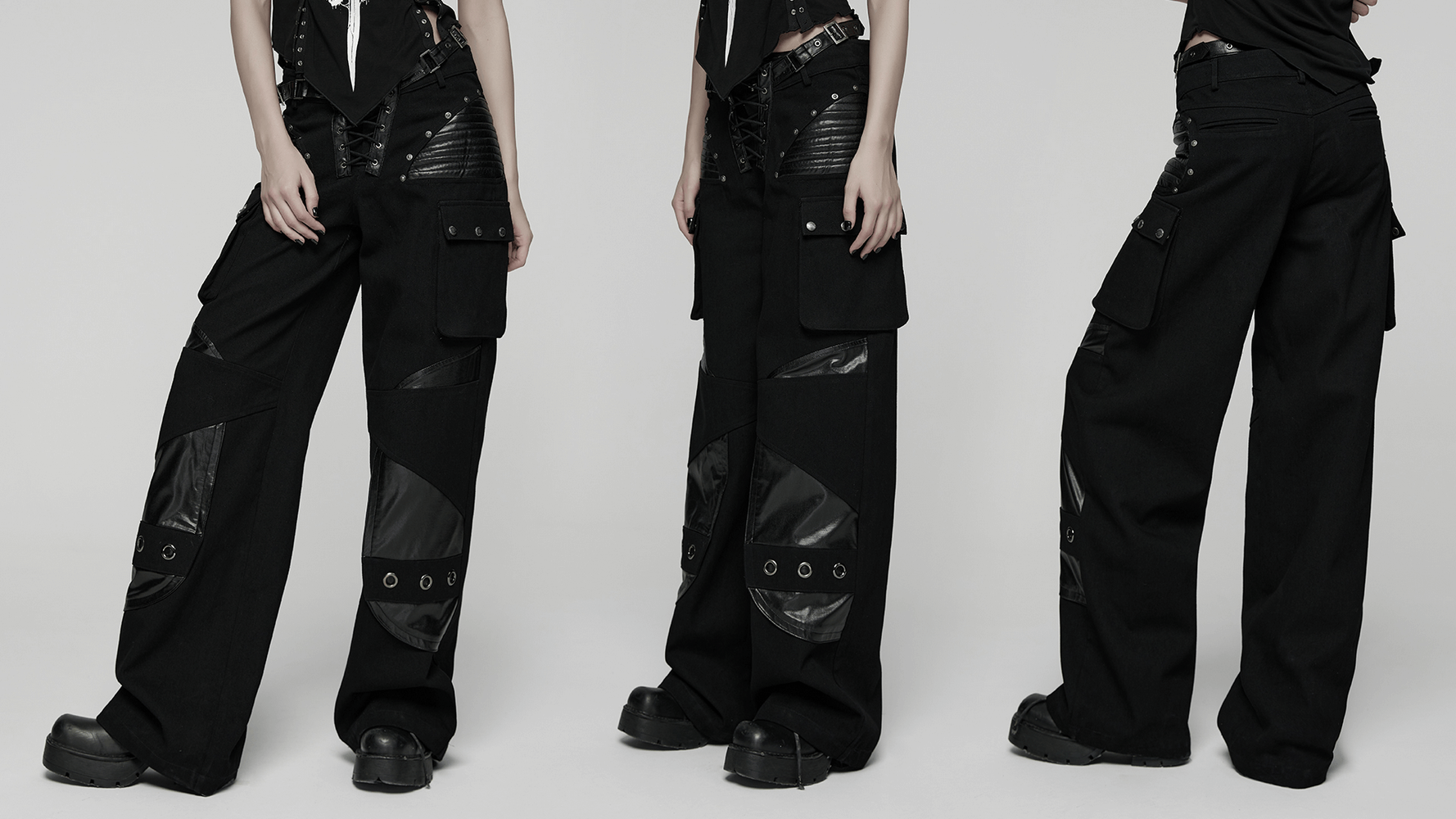 Punk Low-Waist Wide-Leg Pants with Belt and Pockets showcasing unique patchwork and stylish pockets.