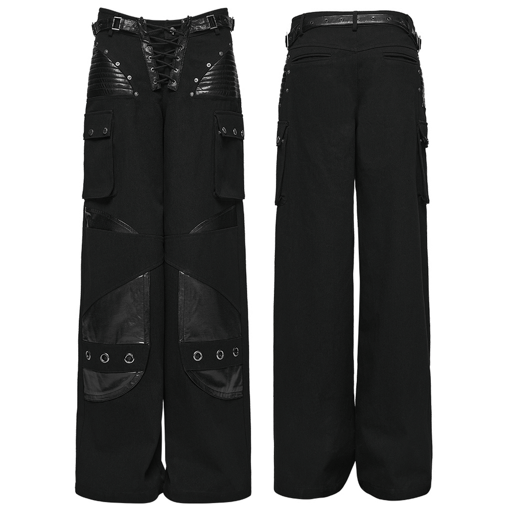 Punk Low-Waist Wide-Leg Pants with Belt and Pockets featuring contrast fabric and patchwork design.