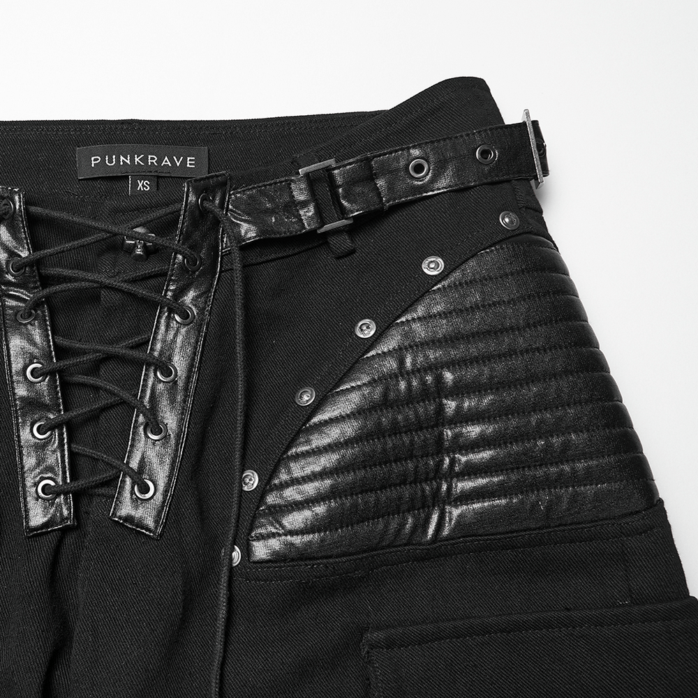 Punk Low-Waist Wide-Leg Pants with Belt and Pockets showcasing detailed patchwork and belt design.